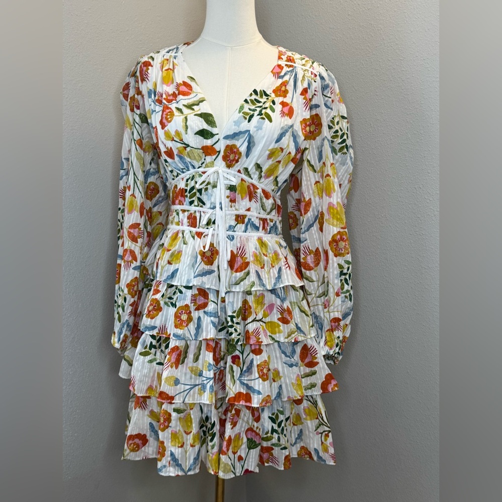 Jessie Zhao FlowerLand Floral Lace Up Mini Dress NWT US 8 Side Zip V-neck